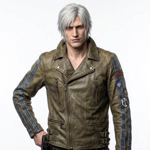 May include: A brown leather jacket in a biker style, with a notched collar, multiple zipped pockets, and a diagonal zip closure. The jacket has blue stripes on the sleeves and patches on the upper arm. The model in the image has silver hair.