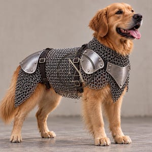Könnte beinhalten: Ein Golden Retriever trägt eine maßgefertigte Kettenpanzerung. Die Rüstung besteht aus silberfarbenen Schulterplatten, einer Brustplatte und dunkelbraunen Lederriemen mit Metallschnallen, die die ineinandergreifenden Ringe sichern.