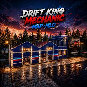 Może przedstawiać: Niebieski budynek z drzwiami garażowymi i czerwono-biało-niebieskimi paskami. Napis "DRIFT KING MECHANIC MAP+MLO" jest wyświetlany w kolorze czerwonym i białym. Billboard przedstawia samochód z napisem "DRIFT KING".