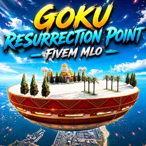 Könnte beinhalten: Digitale Illustration mit dem Text "GOKU RESURRECTION POINT - FIVEM MLO" in Gelb und Blau vor einem Himmelshintergrund. Eine schwebende Insel mit Palast, Bäumen und Palmen befindet sich in der Mitte.
