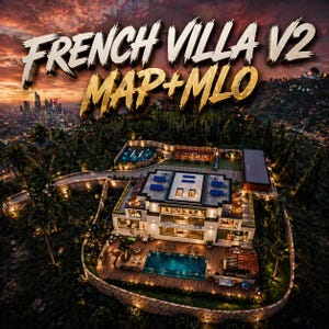 Könnte beinhalten: Luftaufnahme einer modernen Villa in der Abenddämmerung. Die Villa verfügt über einen Pool, einen Hubschrauberlandeplatz und Sonnenkollektoren. Der Text "FRENCH VILLA V2 MAP+MLO" wird in einer stilisierten Schrift vor einem Sonnenuntergangshintergrund angezeigt.