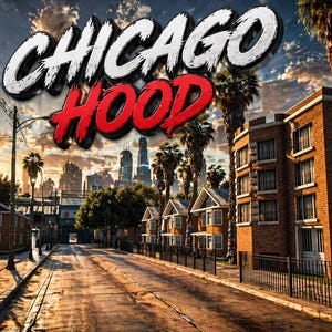 Może przedstawiać: Scena miejska z napisem "CHICAGO HOOD" dużymi, pogrubionymi literami. Słowo "CHICAGO" jest białe z czarnym obrysem, a "HOOD" jest czerwone. Palmami i ceglanymi budynkami wyłożona jest ulica, z panoramą miasta w tle.