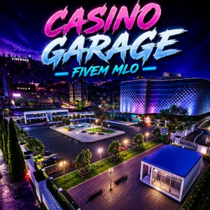 Może przedstawiać: Cyfrowa ilustracja miasta nocą z tekstem "CASINO GARAGE - FIVEM MLO" w kolorze różowym i niebieskim. Scena obejmuje nowoczesny budynek, parking i znak Hollywood w tle.
