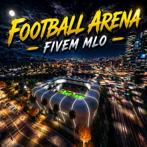 Może przedstawiać: Widok z lotu ptaka na nowoczesny stadion piłkarski w nocy, z napisem "FOOTBALL ARENA FIVE MLO" w kolorze złotym i białym. Stadion ma zielone boisko i jest otoczony światłami miasta, palmami i autostradą.