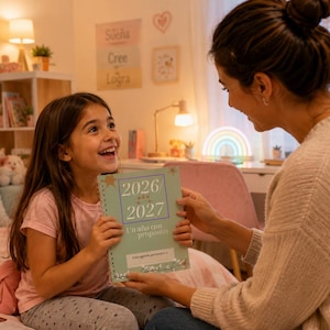 Puede incluir: Una niña y una mujer sonríen mientras sostienen una agenda verde. La agenda muestra los años 2026 y 2027, con el texto "Un año con propósito". La habitación está iluminada con luz cálida, creando un ambiente acogedor.