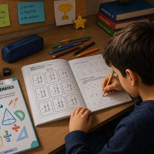 Puede incluir: Un niño está haciendo problemas de matemáticas en un escritorio. Se ven libros de texto abiertos y lápices de colores. El libro de la izquierda se titula "ANÁLISIS MATEMÁTICO". Hay notas adhesivas con texto en español en la pared.