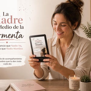 Puede incluir: Una mujer sonríe mientras sostiene un lector electrónico que muestra la portada del libro "La Madre en Medio de la Tormenta". La imagen incluye una taza de café, una vela, una suculenta y otros libros. El texto de la portada dice "La Madre en Medio de la Tormenta."