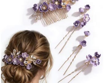 Purple Flower Hair Comb and Pins Set