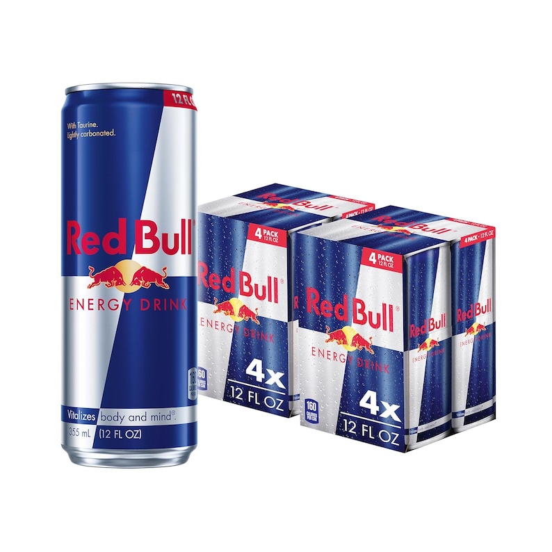 May include: A blue and silver Red Bull energy drink can and four 4-packs of Red Bull. The can and the 4-packs have the Red Bull logo and the words "ENERGY DRINK". Each can is 12 fl oz.