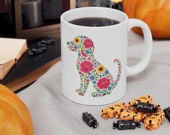 Floral Dog Silhouette Ceramic Mug — Colorful Flower Pattern Coffee Cup (11oz, 15oz)