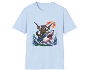 Raccoon Riding Shark T-Shirt | Cute Surfing Animal Graphic Tee