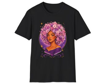 Floral Afro Portrait T-Shirt | Woman with Flower Hair, Pink Purple Bloom Print