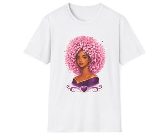 Pink Blossom Afro Woman T-Shirt | Floral Hair Illustration