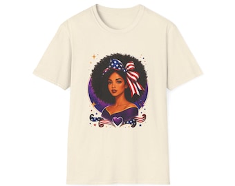 Afro Girl with American Flag Bow T-Shirt | Patriotic Black Woman Design