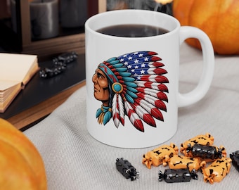 Native American Chief Profile Mug | Feather Headdress Illustration Mug