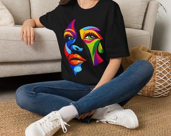 Colorful Embroidered Female Face T-Shirt | Artistic Portrait Tee