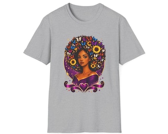 Afro Floral Hair Portrait T-Shirt | Sunflower Crown, Colorful Flowers