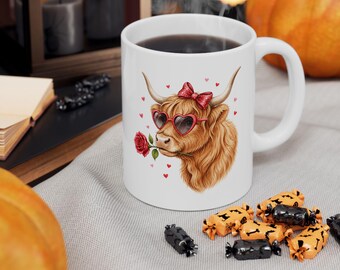 Highland Cow with Rose Mug | Cute Cow Face, Hearts Ceramic Coffee Cup