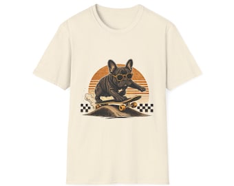 Cool French Bulldog on Skateboard T-Shirt | Retro Sunset Sunglasses