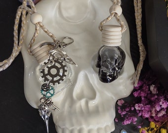 Steampunk Skull Car Diffuser: Goth Botanical Keychain, Halloween Fragrance Gift