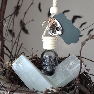 May include: A black skull-shaped glass bottle with a black liquid inside, hanging from a white rope with a wooden bead and a charm. The bottle is surrounded by two white selenite crystals and a black tag with the word "NO" written on it. The bottle is hanging from a branch in a nest of twigs.