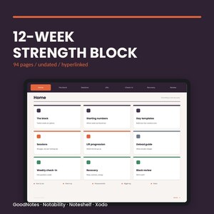 Puede incluir: Un planificador digital de bloque de fuerza de 12 semanas en una pantalla de tableta. La interfaz muestra un panel de control con secciones para el bloque, sesiones, levantamientos, registro, recuperación y revisión, con 94 páginas, sin fecha.