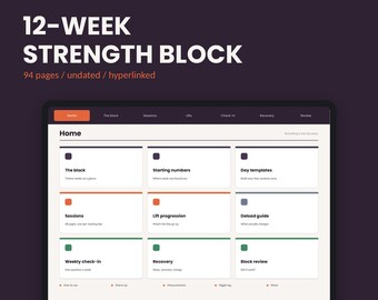 May include: A digital 12-week strength block planner displayed on a tablet screen. The interface features a home dashboard with sections for the block, sessions, lifts, check-in, recovery, and review, with 94 pages, undated and hyperlinked.