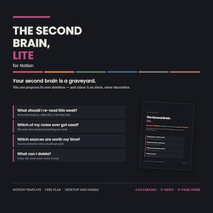 May include: A digital Notion template titled The Second Brain, Lite. The dark interface features text prompts including What should I re-read this week, Which of my notes ever got used, Which sources are worth my time, and What can I delete.