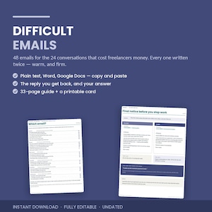 May include: A digital product titled DIFFICULT EMAILS featuring 48 email templates for 24 conversations. Includes a 33-page guide, a printable card, and text in plain text, Word, and Google Docs formats. Two white pages show a table of contents and a sample.