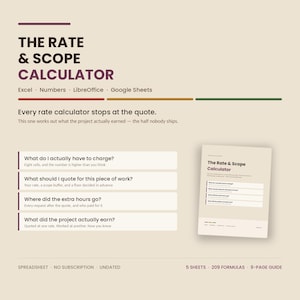 May include: A digital spreadsheet tool titled The Rate & Scope Calculator for Excel, Numbers, LibreOffice, and Google Sheets. It features four sections: What do I actually have to charge, What should I quote, Where did the extra hours go, and What did the project actually earn. Includes a 9-page guide.