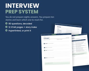 May include: An interview prep system document set on a dark blue background. The text reads INTERVIEW PREP SYSTEM, 80 questions, decoded, 12 STAR pages + story index, and Hyperlinked, or print it. Three white pages with black text are displayed.