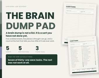 May include: The Brain Dump Pad by Uprising Lab Designs features five undated sheets with five destinations for thoughts. The white paper includes sections labeled Everything, with lines and checkboxes for tasks, presented in three paper sizes.