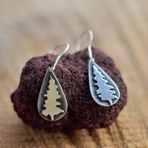 Fir Tree Earrings, Artisan Silver Tree Dangle Earrings Sawed Silver Trees Evergreen Earrings Drop Earrings Gift for Nature Lover image 1