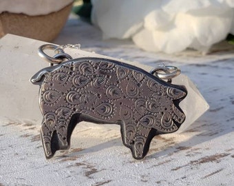 Handmade Pig Necklace, Silver Pig, Paisley Print