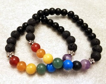 Pride Bracelet with Gemstones, Unisex, Multiple Sizes, Made to Order - With Aromatherapy Beads, Black Onyx, Flower Accent