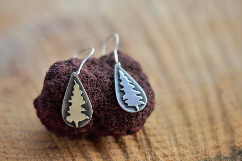 Fir Tree Earrings, Artisan Silver Tree Dangle Earrings Sawed Silver Trees Evergreen Earrings Drop Earrings Gift for Nature Lover image 1