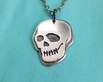 Goth Skull Pendant, Handmade Silver Skull Necklace