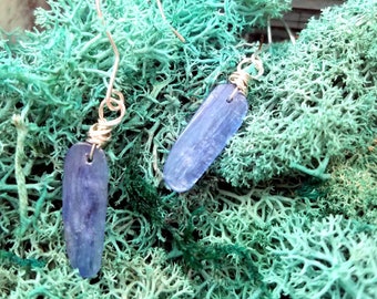 Kyanite Stick Earrings, Blue Shimmery Stone Dangles, Wire Wrapped in Sterling Silver. Cute, Fun Earrings, Gift for Friends, Girlfriend, Mom