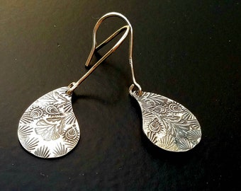 Paisley Stamped India-Inspired Earrings, Fine Silver, Antiqued Easrings, Gift for Groups, Bridal Parties, Family, Teacher Present, Stylish