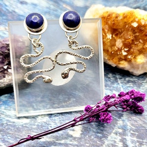 May include: A pair of silver earrings with a textured snake design and a dark blue lapis lazuli stone on each earring.