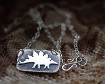 Stegosaurus Necklace, Dinosaur Pendant, Fossil Necklace, Jurassic Bling, Silver Dino, Gift for Friend, Kids, Girlfriend, Boyfriend, Wife