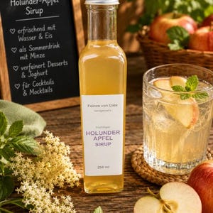 Könnte beinhalten: Eine klare Glasflasche mit Holunder-Apfel-Sirup, silbernem Verschluss und einem weißen Etikett mit der Aufschrift Feines von Gabi, fruchtiger Holunder Apfel Sirup und 250 ml. Die Flasche enthält eine hellgelbe Flüssigkeit neben einem Glas.