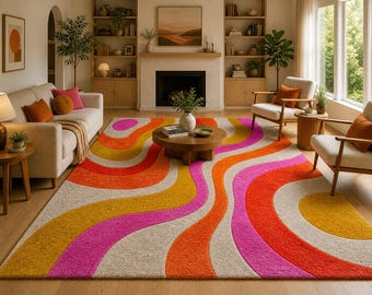 Tapis vague rétro coloré, tapis abstrait capitonné à la main, tapis rose orange jaune