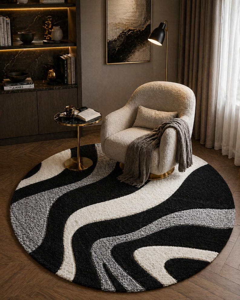 Draped Rug Images Modern Round Abstract Rug, Black White Grey Swirl Rug, Hand Tufted ...