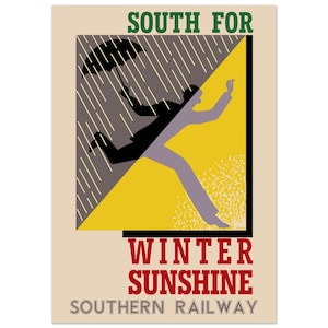 Op de afbeelding: Vintage reisaffiche met de tekst "South For Winter Sunshine Southern Railway". De afbeelding toont een persoon die met een paraplu uit de regen rent, tegen een gele en grijze achtergrond.