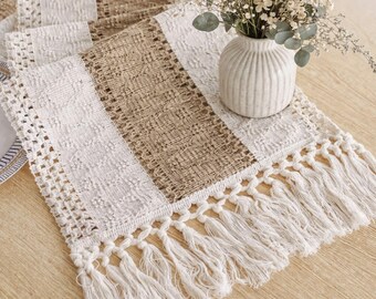 Boho Linen Table Runner with Tassels – Rustic Farmhouse Macrame Jute & Cotton Blend for Summer Décor and Holiday Events