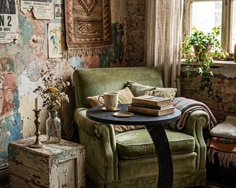 May include: An interior scene featuring a green velvet armchair, a small black side table, and a distressed wooden crate. The room has a vintage aesthetic with peeling paint, antique posters, and a patterned rug. A cup and books sit on the table.