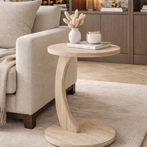 Travertine C Table with Wheels, Modern Side Table, Sofa Side Table, Minimalist Rolling End Table, Living Room Coffee Table Decor