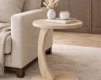 Travertine C Table with Wheels, Modern Side Table, Sofa Side Table, Minimalist Rolling End Table, Living Room Coffee Table Decor
