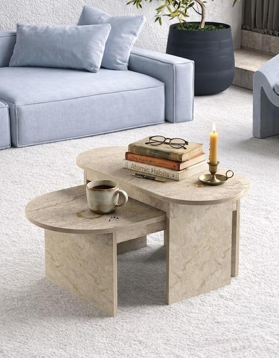 Travertine Coffee Table Set of 2, Modern Minimalist Coffee Table, Beige Stone Look Living Room Table, Luxury Decor Side Table